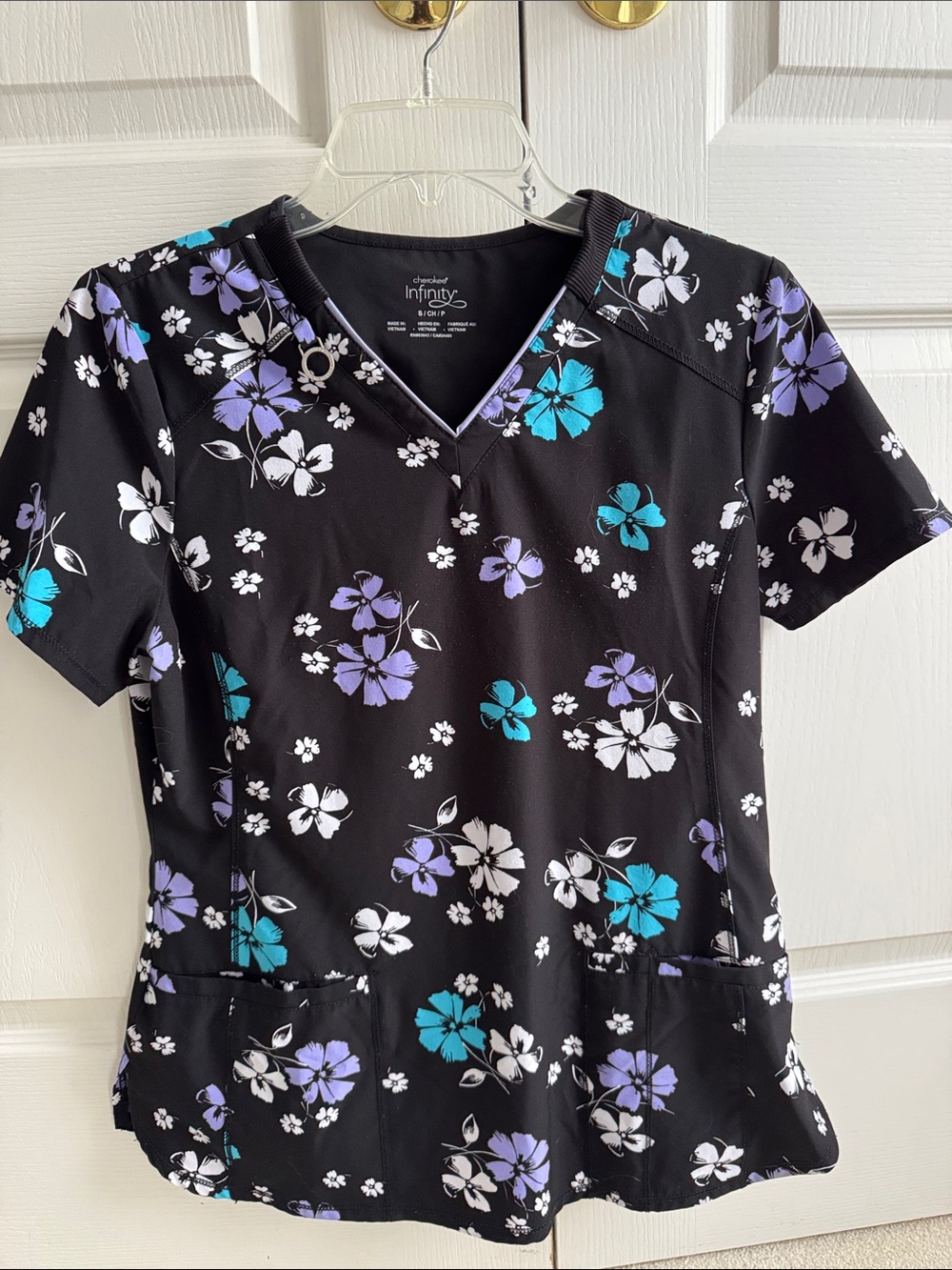 Infinity by Cherokee Black Floral V-Neck Scrub Top in Teal & Lavender